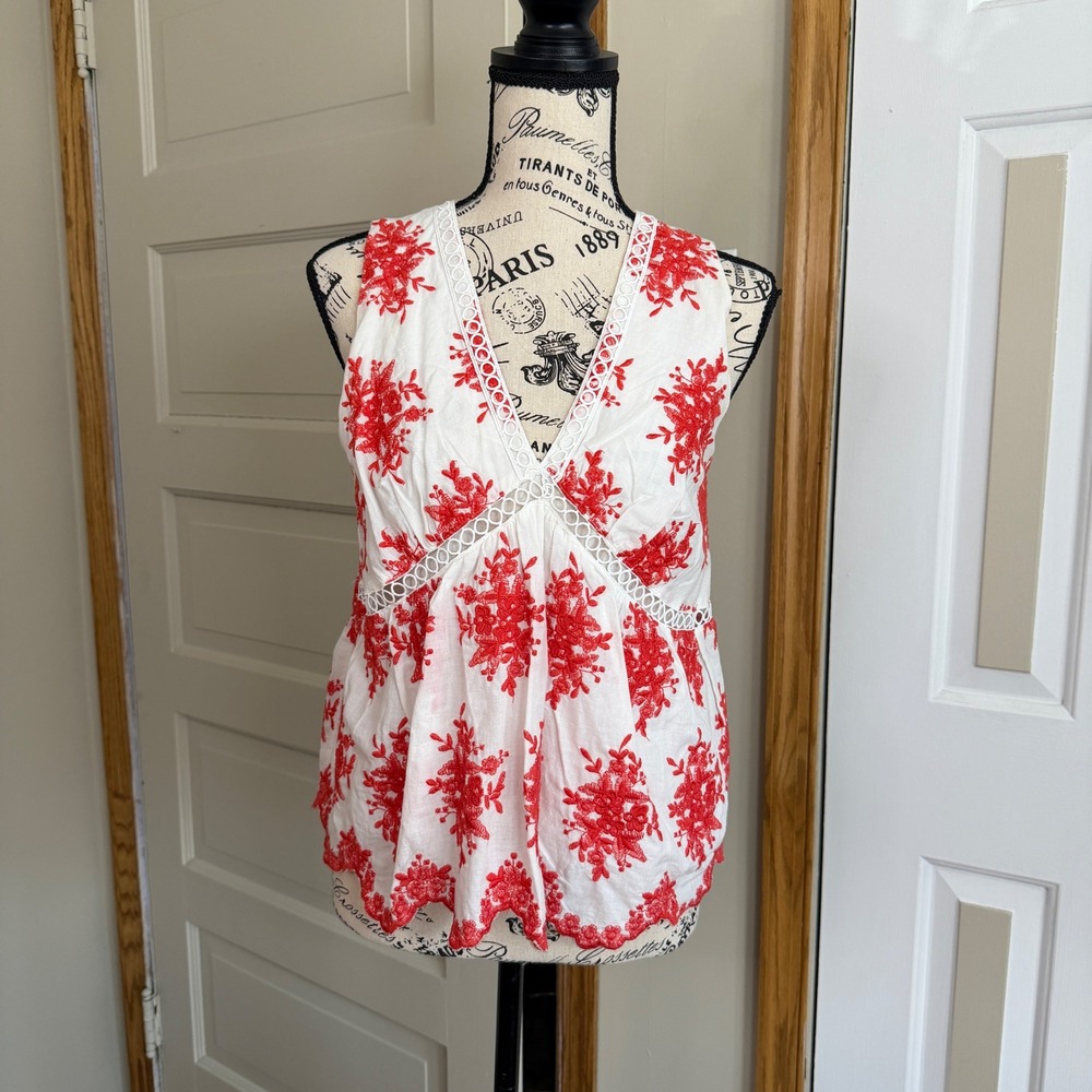 Mi Ami  Womens Floral Embroidered V-Neck‎ Cotton Sleeveless Babydoll Top Boho